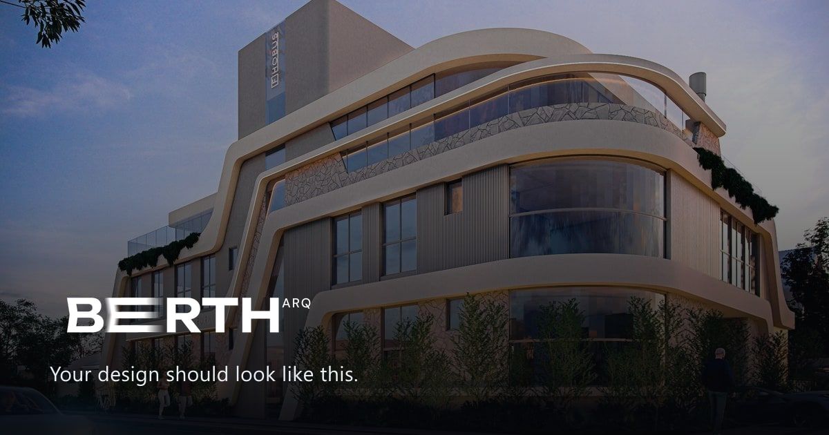 BerthARQ website preview with a curved facade at dusk